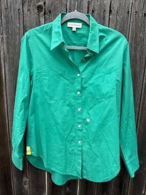 Kerri Rosenthal Green Button-Up Shirt with Yellow Heart Detail